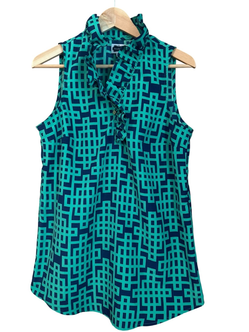 Mud Pie Teal & Navy Geometric Ruffle Sleeveless Blouse - Picture 2 of 11
